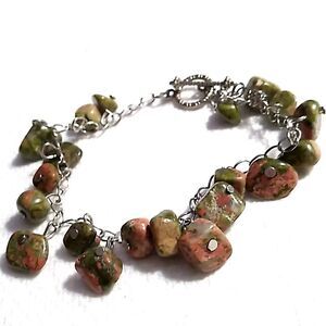 Artisan Unakite Jasper Bracelet Green Pink Stone Beads Silver Chain Toggle Clasp